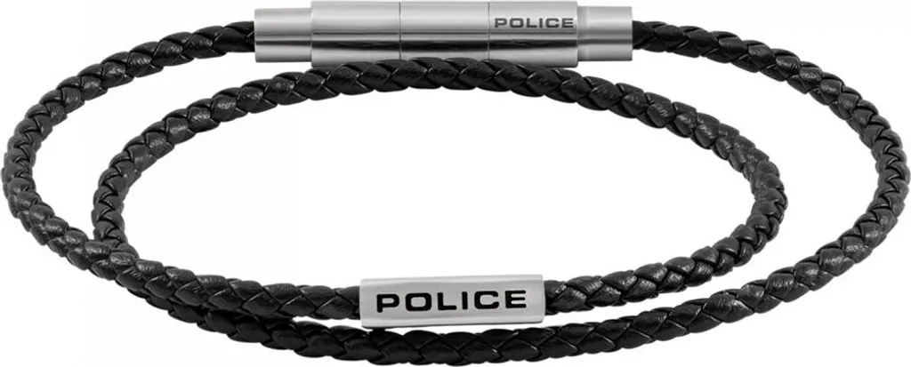 Bracelet de Force Police pour Homme en Acier et Cuir Noir Tressé Chic
