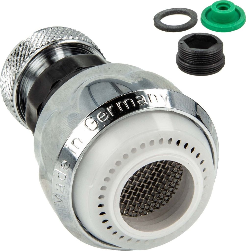 A faucet aerator and its accessories are displayed against a white background.