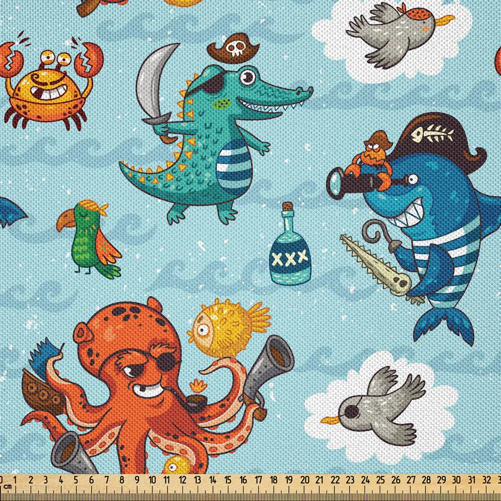 ABAKUHAUS Pirates Tessuto satinato al metro, pirati, coccodrilli, polpi, squali, granchi, gabbiani, pappagalli, bottiglie di rum, caricature, 3 m (148 x 300 cm), multicolore