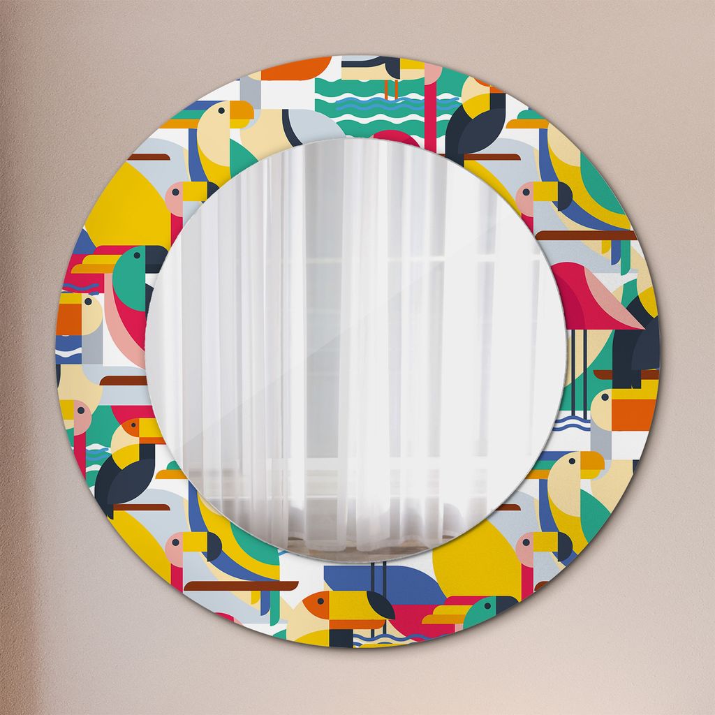 Ø60cm Modern Spiegel - Wandspiegel Wandmontage- Schlafzimmer - geometrisch tropisch Vögel