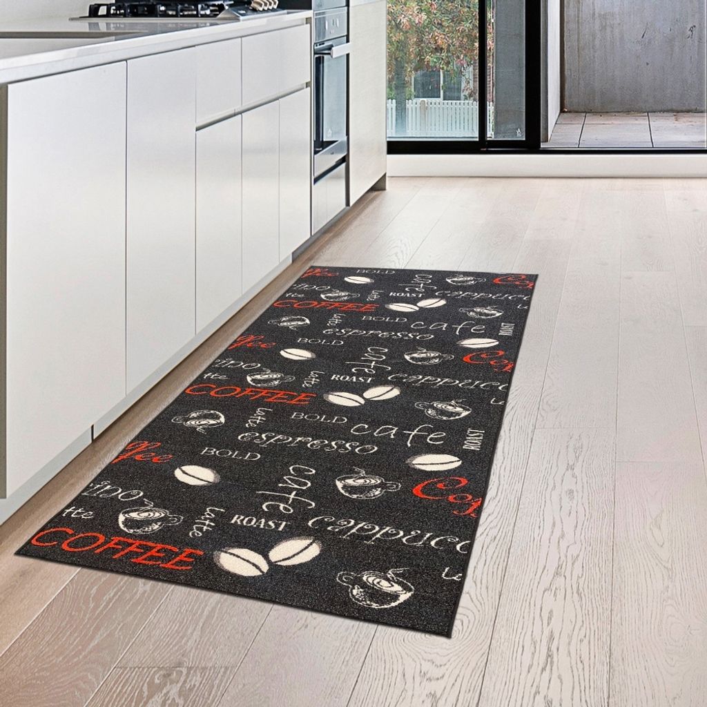Runner da cucina con supporto in gel e scritte in rosso e Immagine del prodotto 
