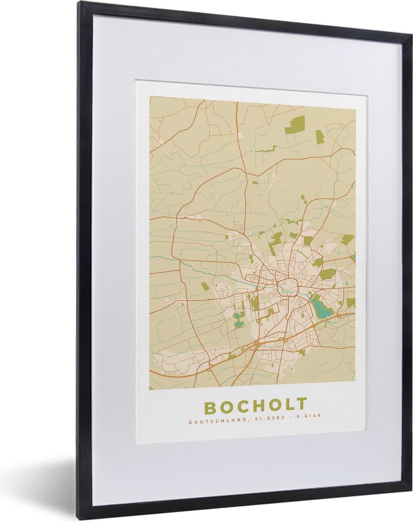 MuchoWow Gerahmtes Poster Karte - Jahrgang - Bocholt - Stadtplan 30x40 cm - Poster mit Schwarzem Bilderrahmen Wandposter Rahmen Foto Bilder - Wan...