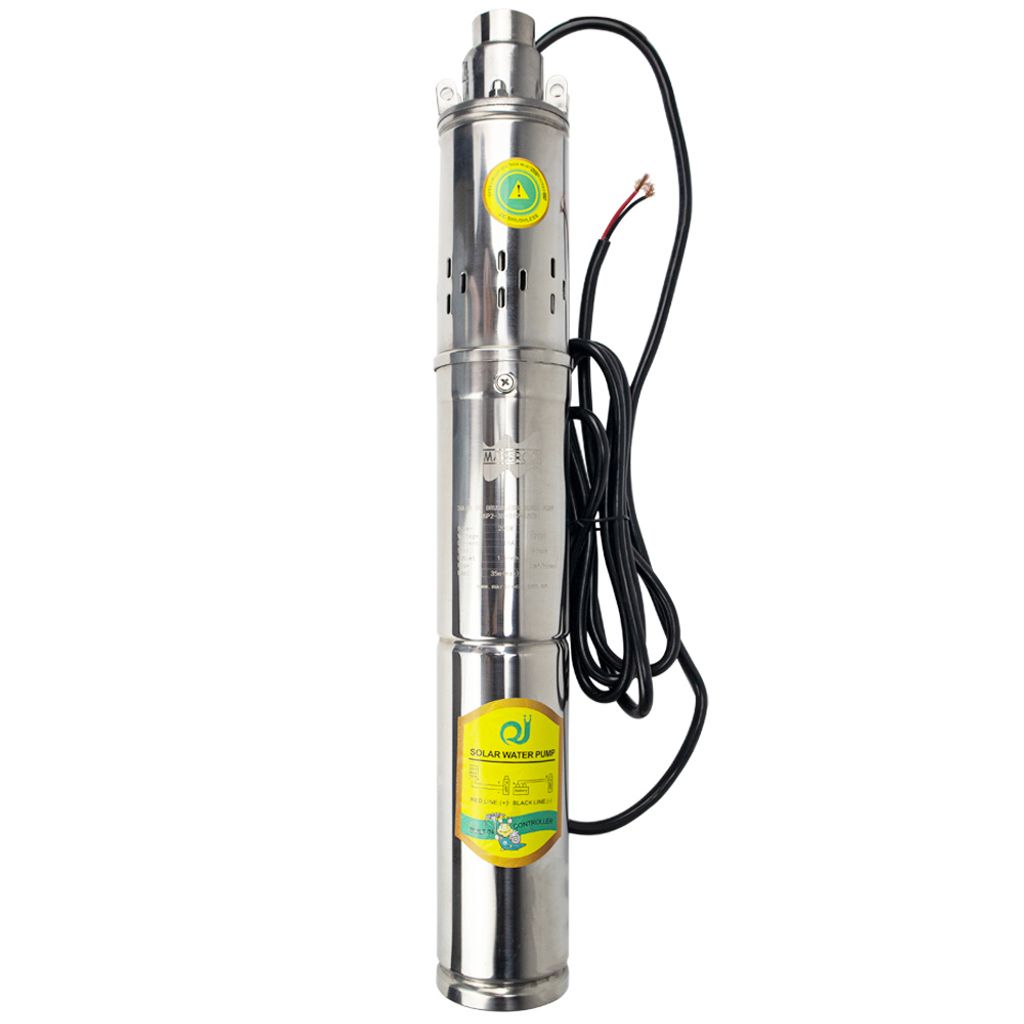 A stainless steel submersible pump with a black cable and a yellow label.