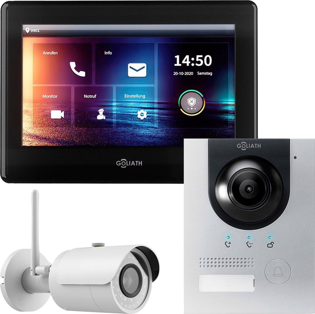 GOLIATH IP Aufputz Video Türsprechanlage Set + Kamera für 1 Familienhaus (Silber 180° Türstation, 7" Touchscreen Monitor Schwarz, IP WLAN Auße...