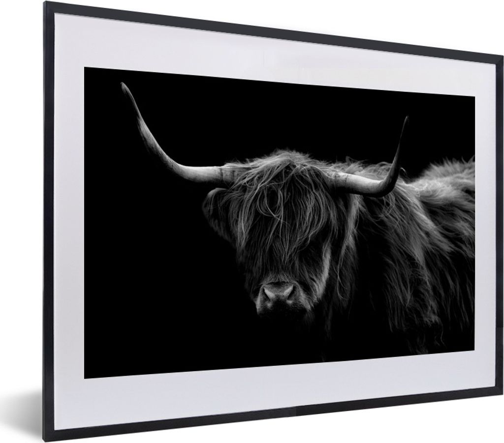 MuchoWow Gerahmtes Poster Schottischer Highlander - Hörner - Schwarz - Tiere - Natur - Wild - Kuh 40x30 cm - Poster mit Schwarzem Bilderrahmen W...