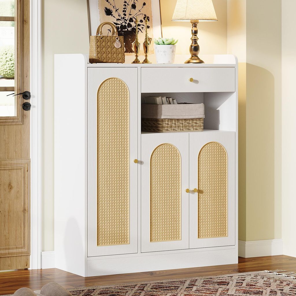 Merax Rattan Schuhschrank mit Stauraum, 1 Schublade, 3 Türen, Sideboard, Schuhregal mit verstellbare Regale, kommode für Flur, Esszimmer, Weiß