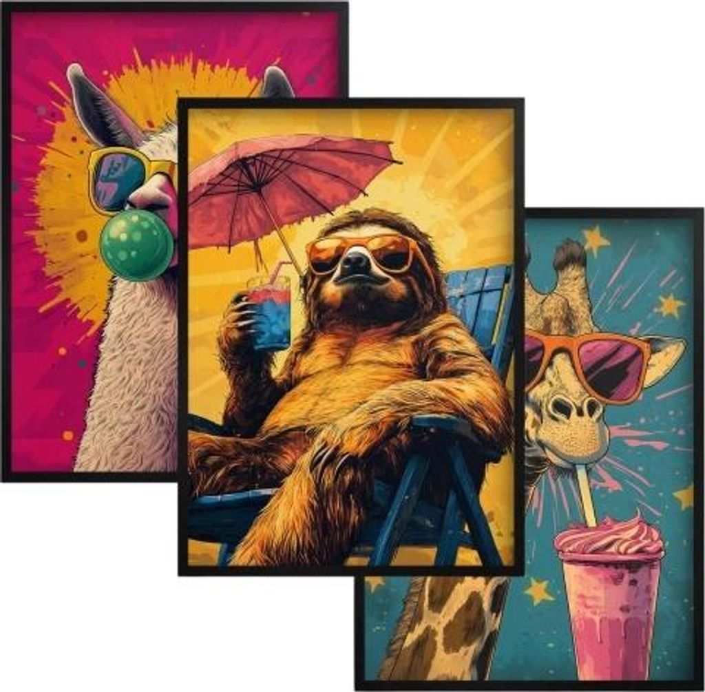 Bunte Bilder Poster Schwarzer Rahmen Tiere Pop Art für die Wohnzimmerwand