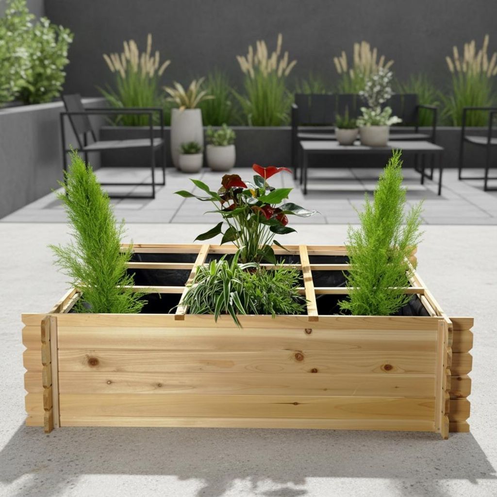 A wooden planter box filled with plants on an outdoor patio.