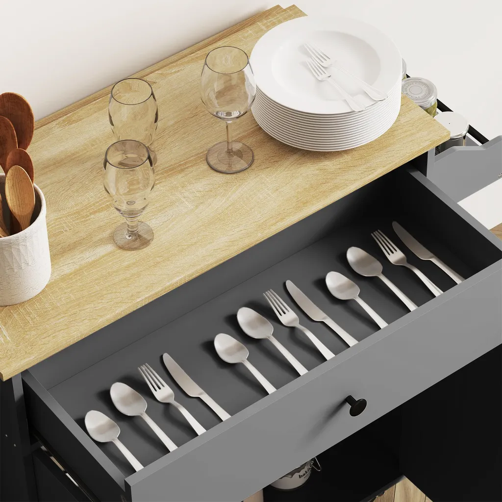 Îlot de cuisine mobile gris avec support épices et étagère ajustable - 11