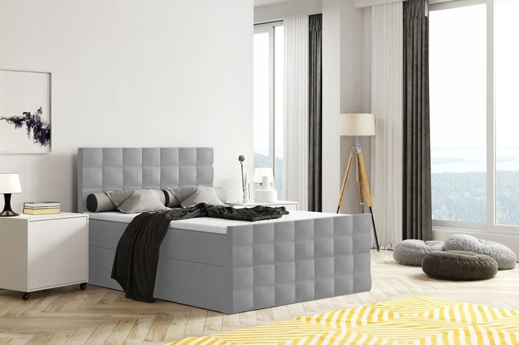 Bett, Boxspringbett MERA mit Fußteil, Bettkästen, T25 Topper, Doppelbett, Stauraum, Federkern, 140x200 cm, (Hellgrau - Inari 91)