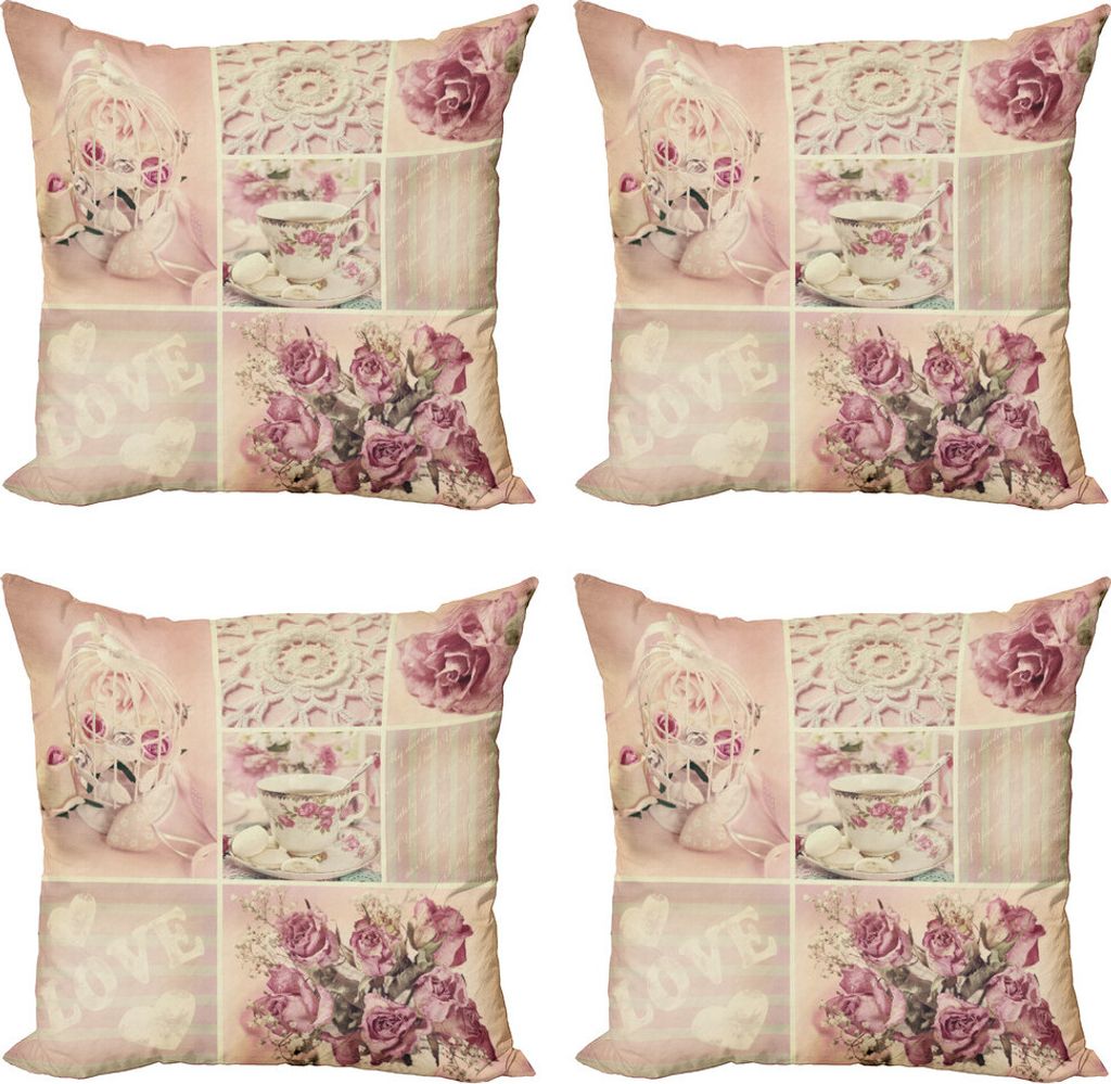 ABAKUHAUS Shabby Flora Kissenbezug Set (4 Stück), Weinlese-Spitze Cup, Moderner Doppelseitiger Digitaldruck, 50 cm x 50 cm, Pale Pink Weiß