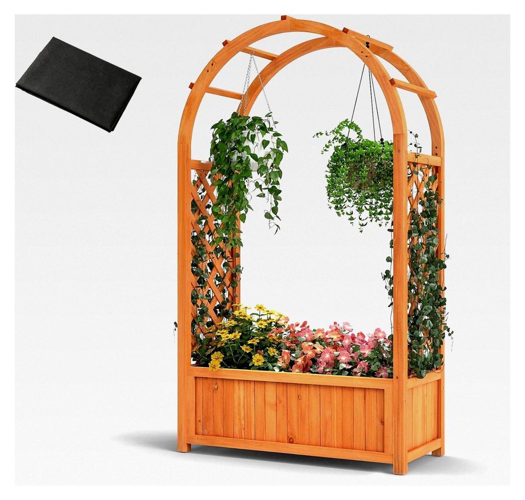 Blumenkasten mit Rosenbogen und Rankgitter, Pflanzkasten mit Spalier und Dachregal, Hochbeet aus Holz, Rankhilfe für Blumen und Kletterpflanzen, P...