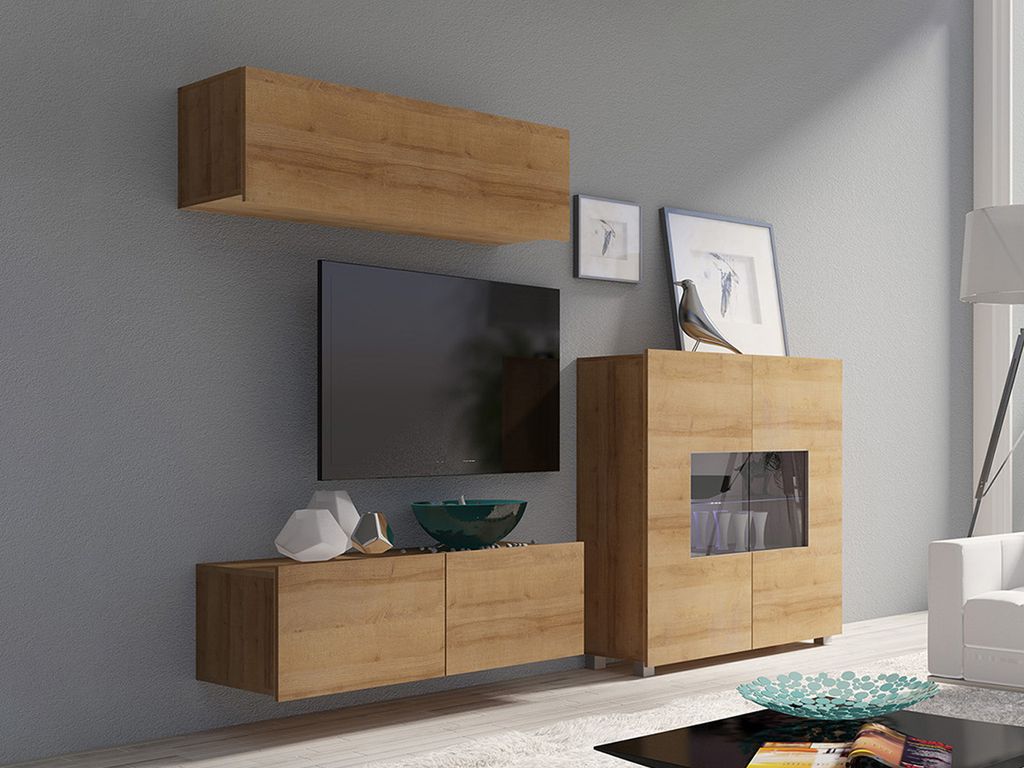 Wohnzimmer-Set CALABRINI-9 Wohnwand Hängewohnwand Schrankwand mit LED-Beleuchtung TV-Schrank Kommode Moderne Anbauwand (Goldene Eiche)