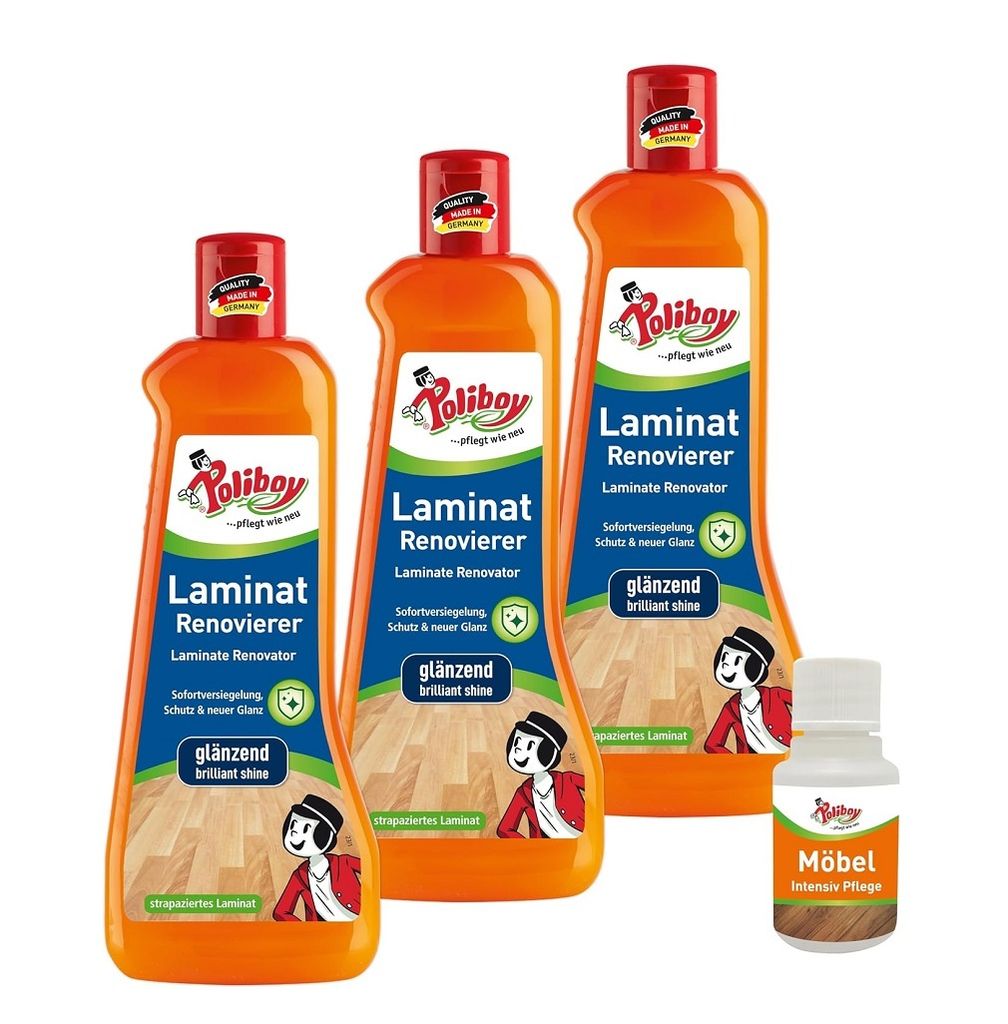 Poliboy 3er Laminat Renovierer Glänzend - inkl. Möbel Pflege Probe - Inhalt 1,5 Liter - Sofortversiegelung, Schutz & neuer Glanz - 5850001