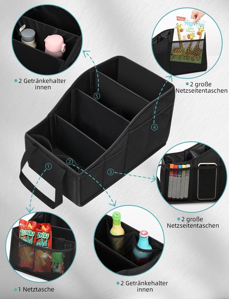 Auto Organizer Kinder Rücksitz mit 4 Fächern und 4 Getränkehalter zusammenklappbar Rückbank Beifahrersitz für Spielzeug Bücher Snacks Schwarz