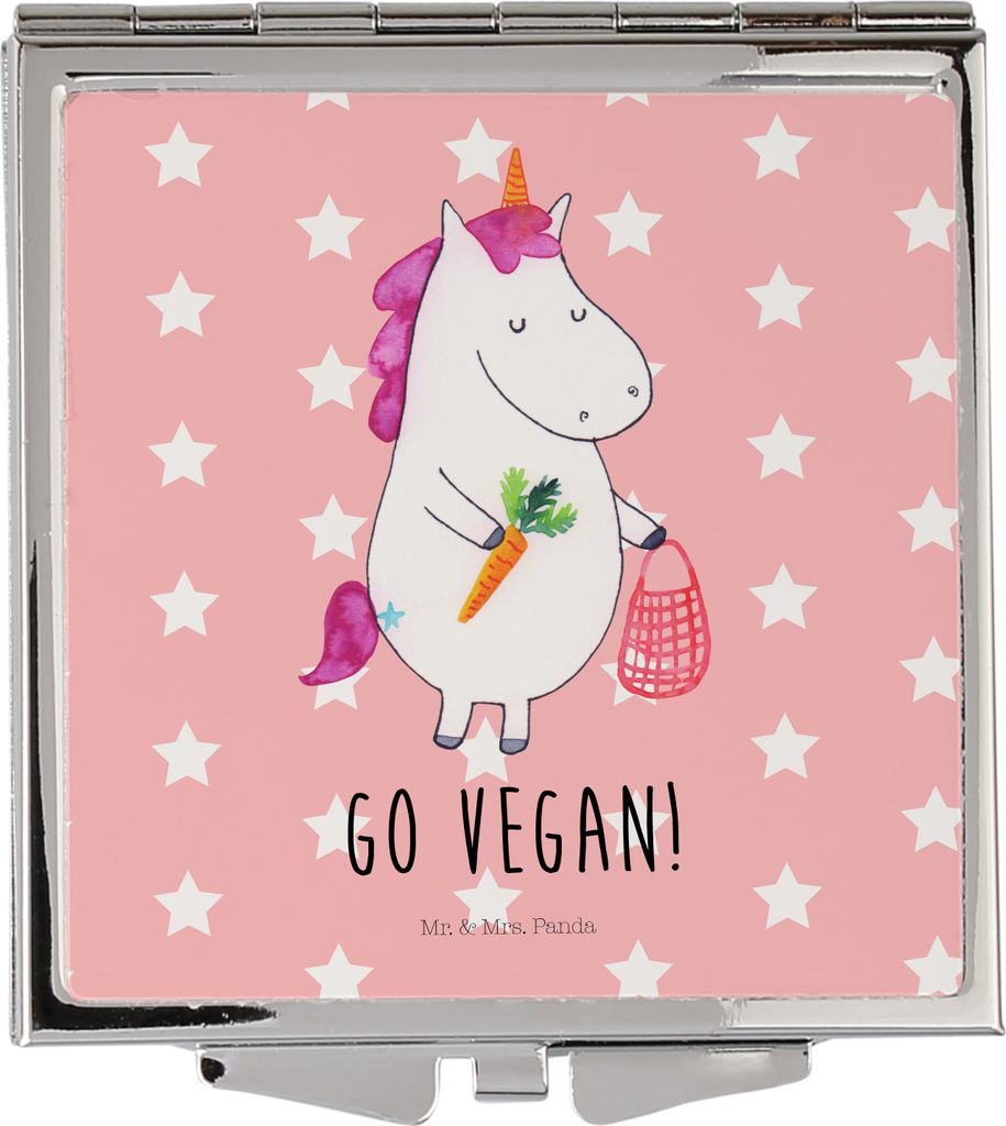 Mr. & Mrs. Panda Schminkspiegel Einhorn Vegan - Rot Pastell - Geschenk, Frauen Spiegel, Unicorn, Rohkost, Veganer, Klappbarer, Mini, Gesund essen, ...