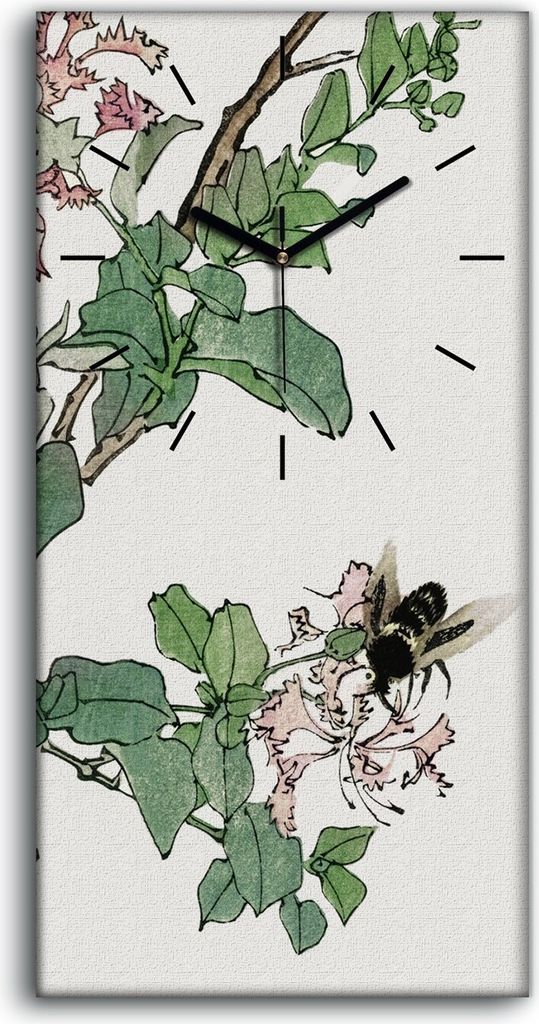 Wandkunst Leinwand Bild Uhr 30x60 Malerei Asiatische Blüten Blätter Insekten - schwarze Hände