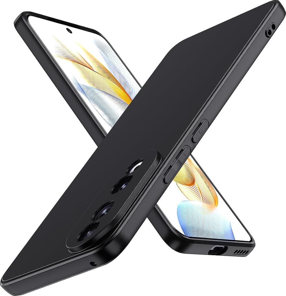 A black phone case is shown at an angle, with a phone screen visible through it.