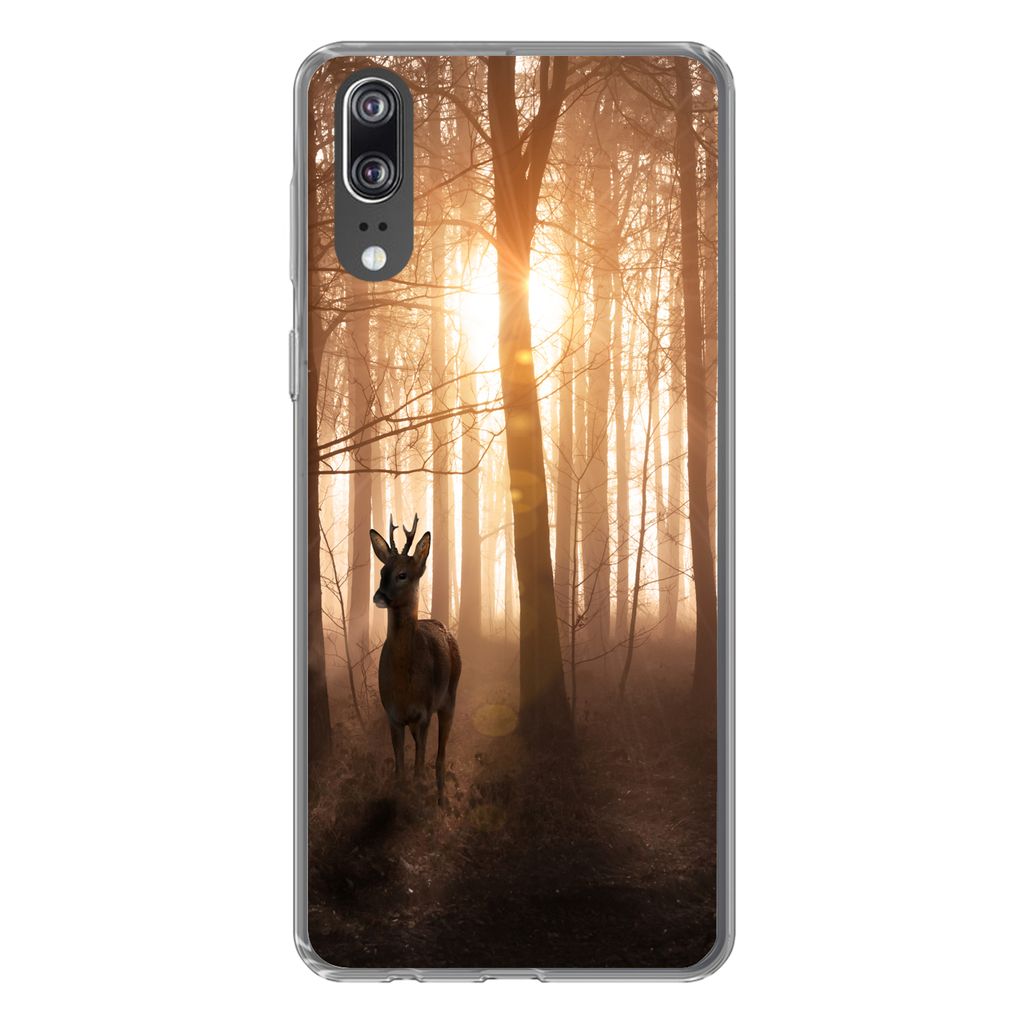 MuchoWow Handyhülle Schutzhülle Hülle für Huawei P20 Wald - Hirsche - Sonne - Bäume - Winter - Natur - Tiere Silikon Softcase Handy Hülle -...
