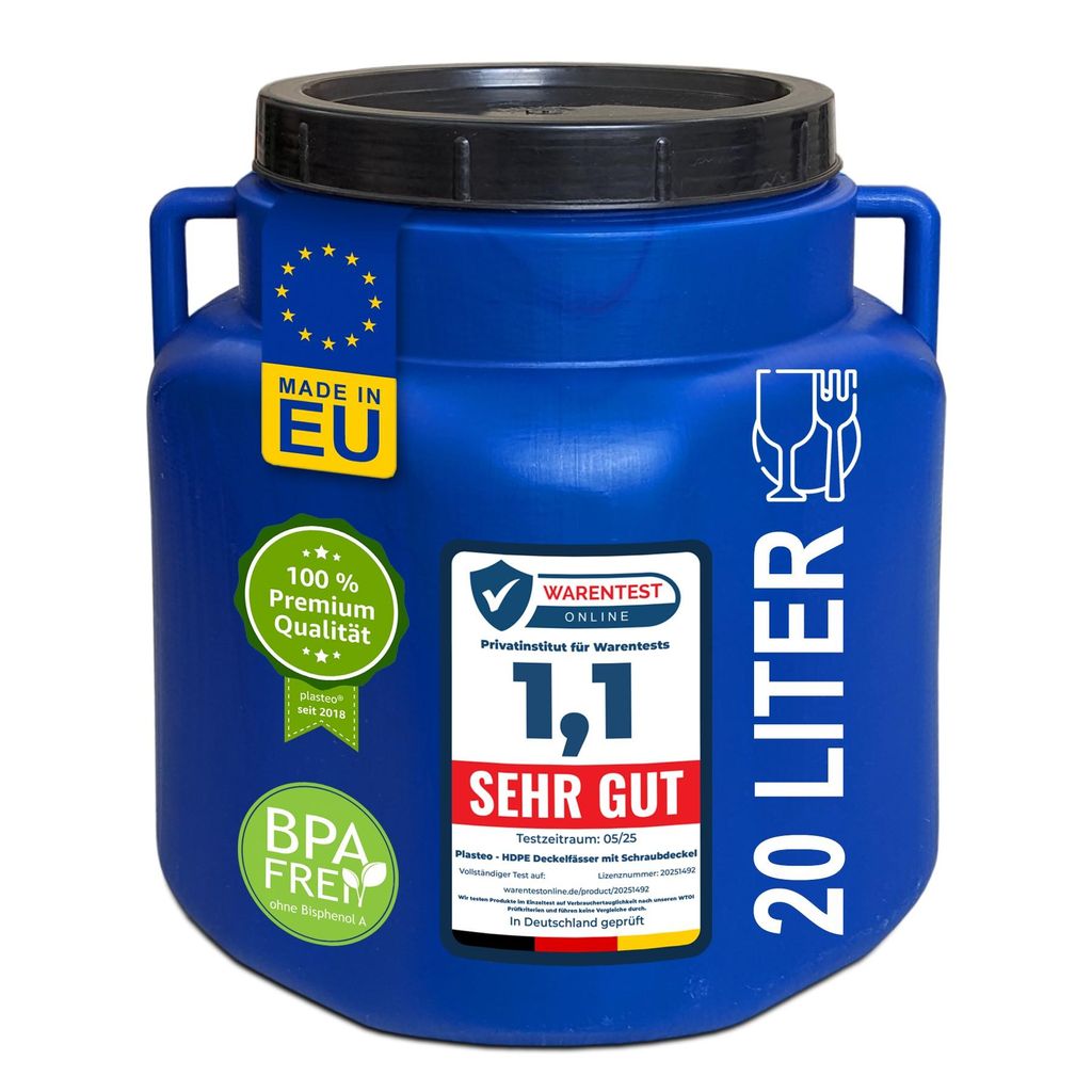 plasteo 20 Liter Weithalsfass mit Deckel und Griffen Eckig Blau, Lebensmittelecht BPA-Frei, Futtertonne Kunststofffass Universalfass Deckelfass