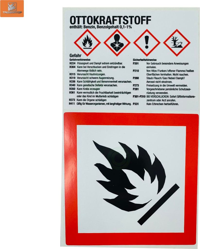 Ottokraftstoff Benzin Warnetikett, Aufkleber Produktbild 