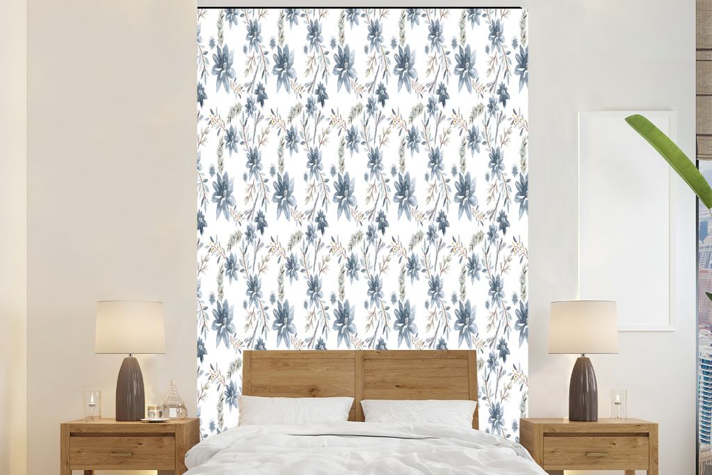 MuchoWow Fototapete für Wohnzimmer oder Schlafzimmer Wandtapete Vinyl Motivtapete Blumen - Muster - Blau - 145x220 cm - Wanddekoration