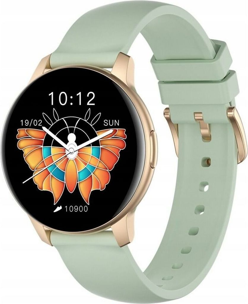 A smartwatch with a green band and gold casing is displayed against a white background.