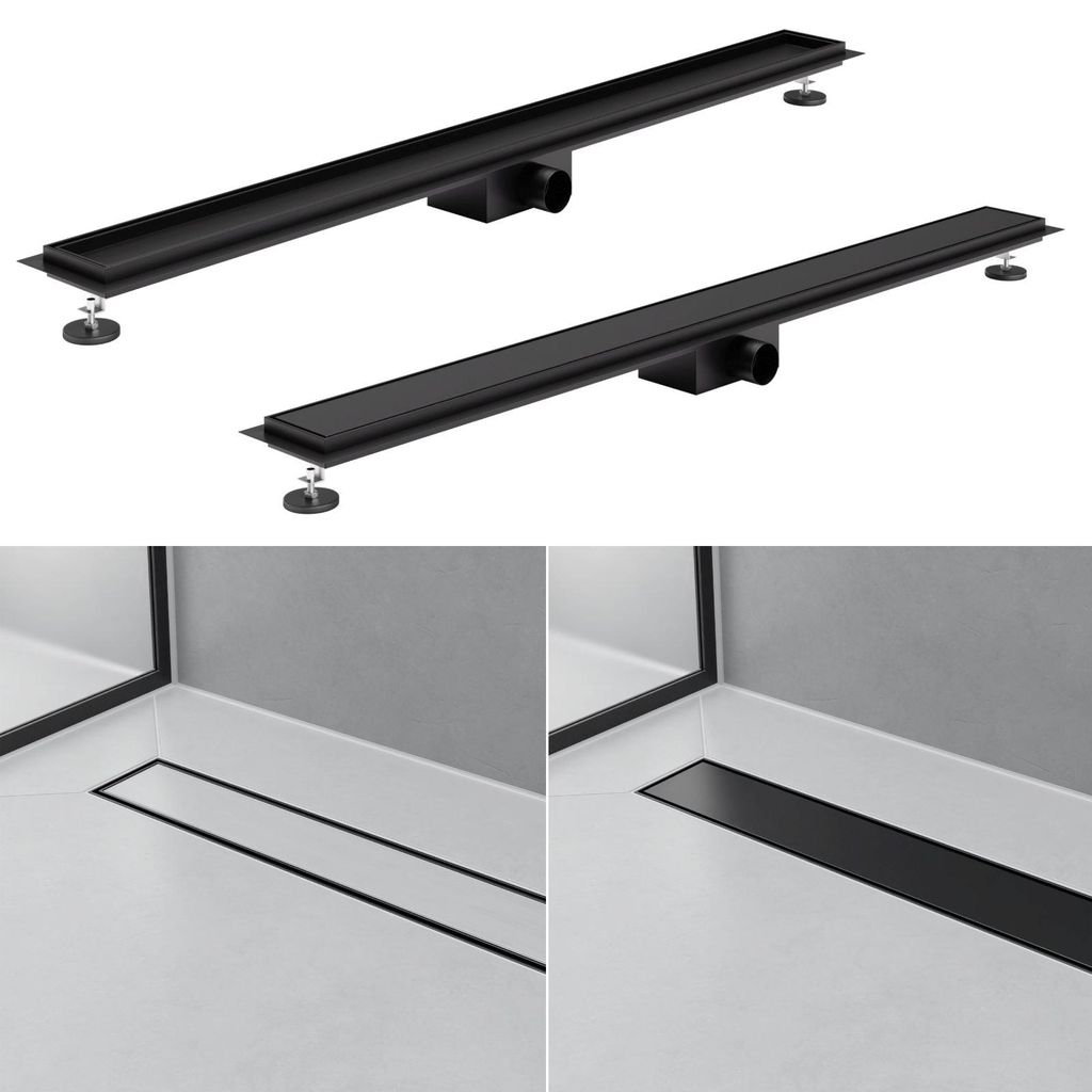 2in1 Duschrinne Schwarz Duschablauf Bodenablauf Abflussrinne Edelstahl Haarsieb befliesbar 100 cm