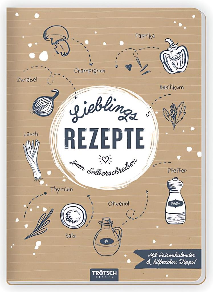 A cookbook cover with illustrations of ingredients and the title 'Lieblings Rezepte zum Selberschreiben'.