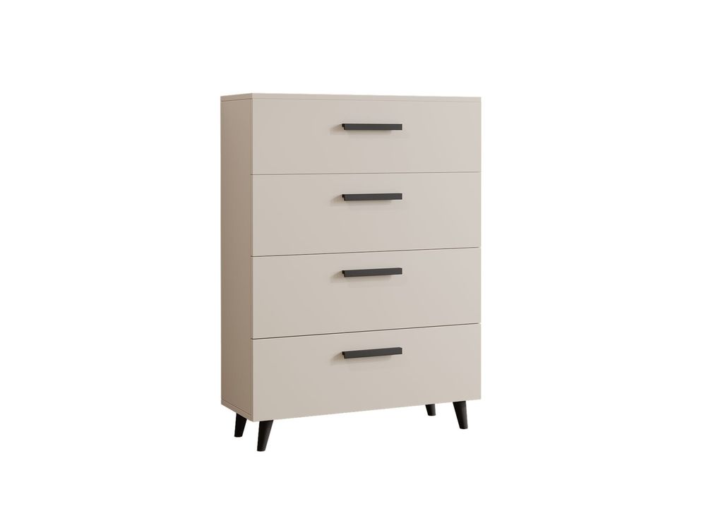 A modern, beige chest of drawers with black handles and legs, presented on a white background.