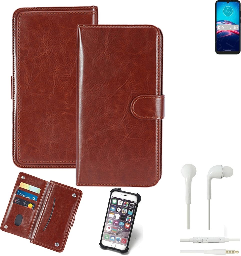 K-S-Trade 360° Hülle kompatibel mit Motorola Moto E6S 2020 inkl. Headphones braun Kunstleder Case BookCase WalletCase Kunstlederederhülle