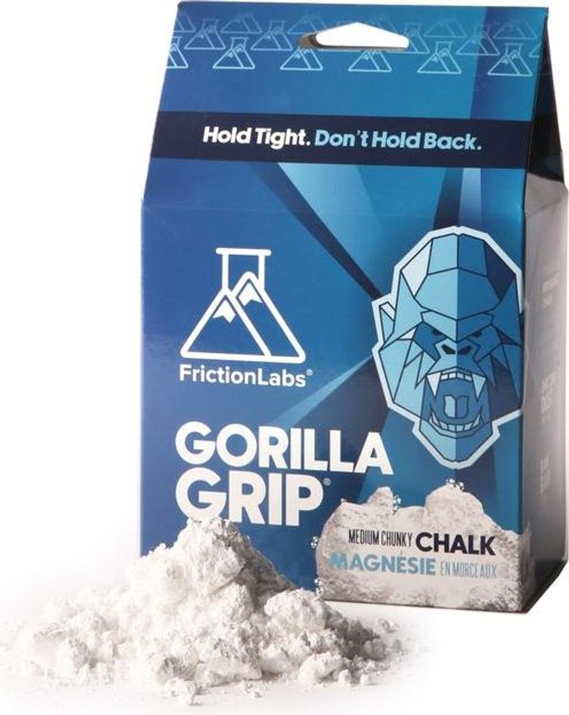 Verpackung von Friction Labs Gorilla Grip Chalk (Chunky) mit weißem Chalk und blauer Box.
