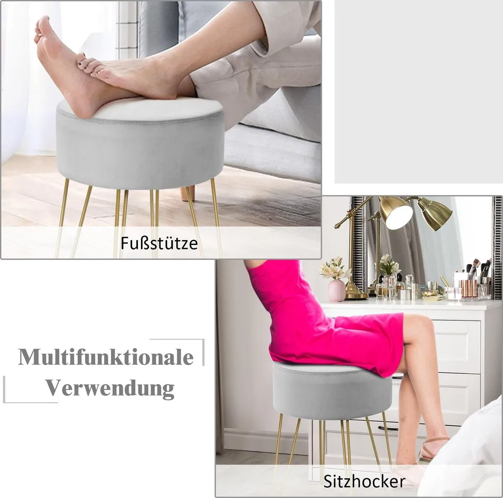 Tabouret pouf rond en velours gris et pieds métal pour coiffeuse - 3