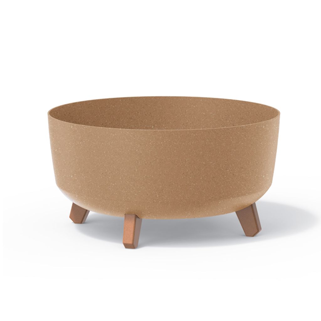 A brown planter with three wooden legs on a white background.