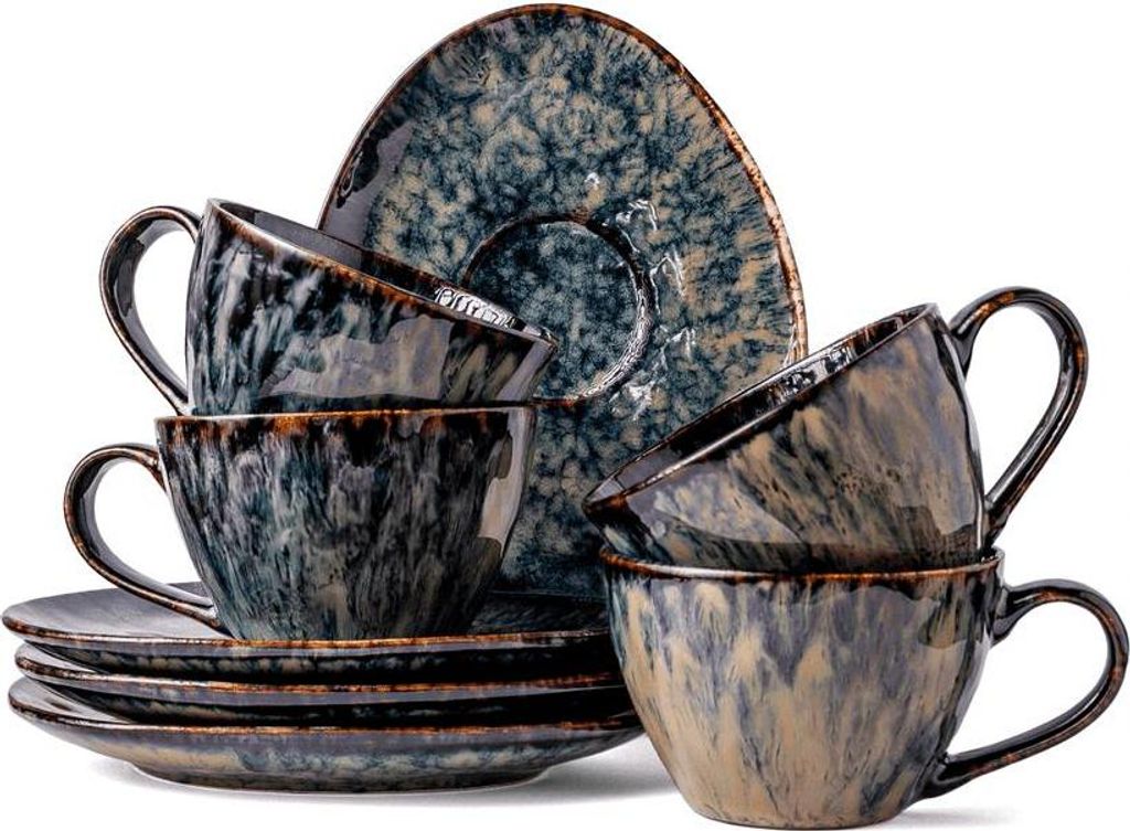 A set of coffee cups and saucers stacked on a white background.