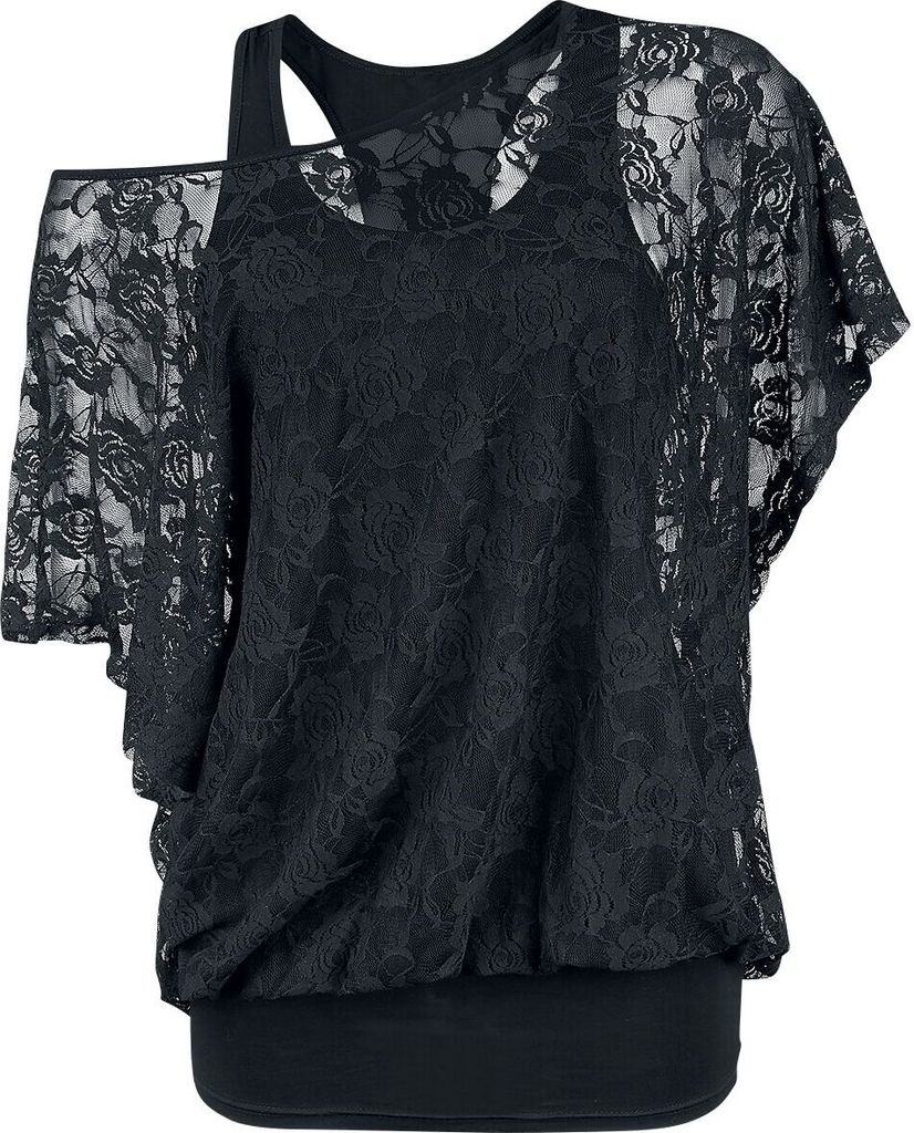 Gothicana by EMP Damen schwarzes T-Shirt im Double-Layer-Look aus Spitze 3XL