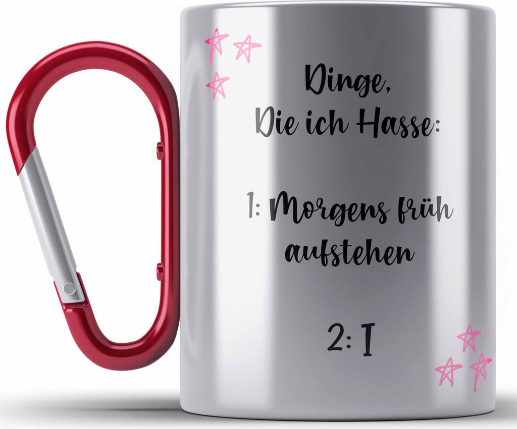 Trendation - Lustige Edelstahl Tasse Karabinern für Frauen mit Spruch Kaffee Edelstahl Tasse Karabinern Becher Büro Arbeit Früh Aufstehen (Rot)
