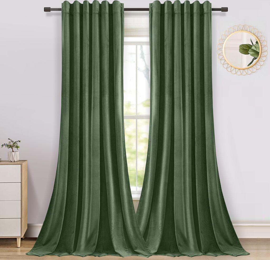 Samt Vorhang Blickdicht Gardinen Thermovorhang Verdunkelungsvorhänge mit Kräuselband Dekoschal, 2er Set, B132xH213cm, Grün