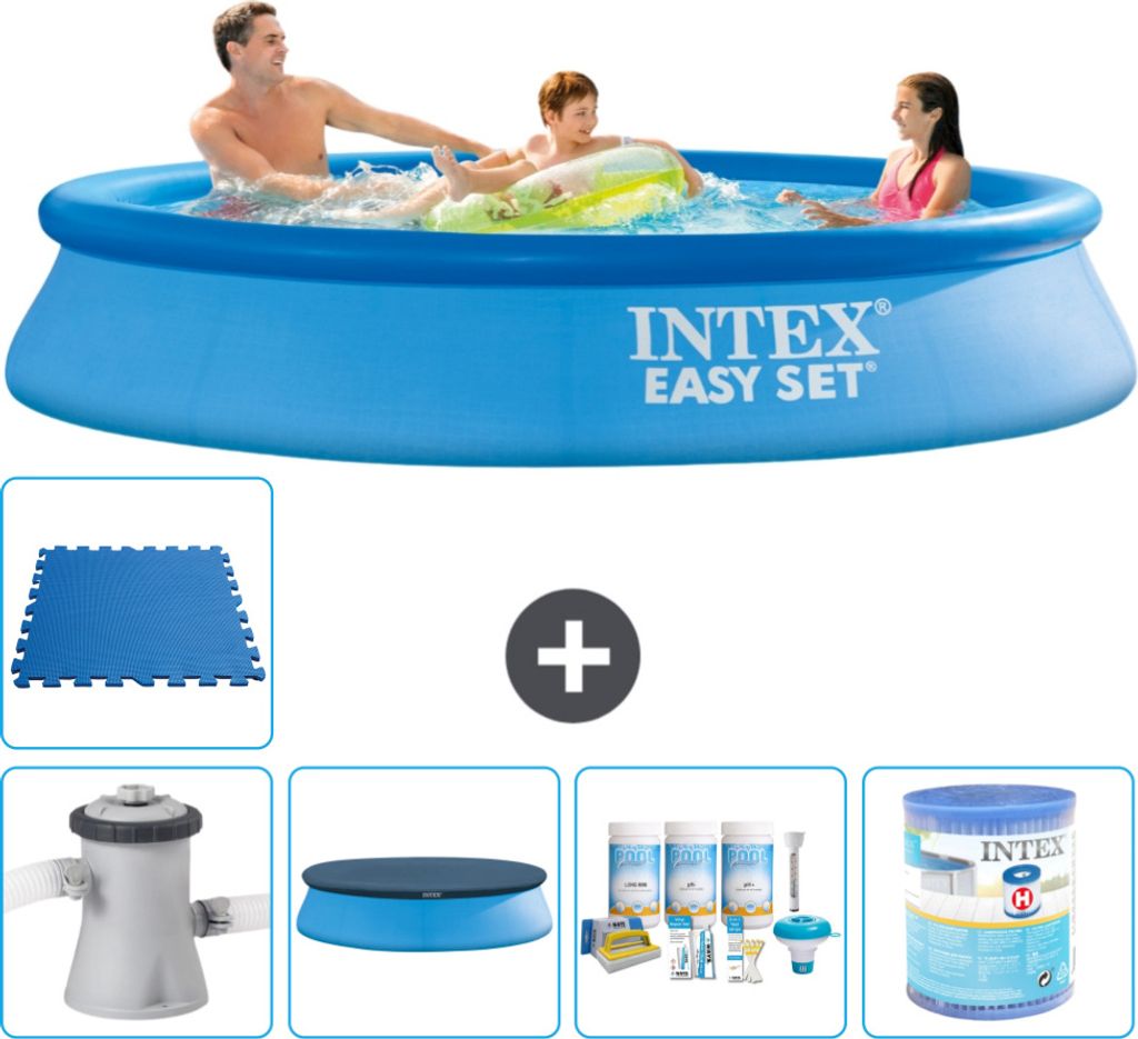 Intex runder aufblasbarer Easy Set-Schwimmpool – 305 x 61 cm – Blau – inklusive Pumpe Abdeckung - Wartungspaket - Filter - Bodenfliesen