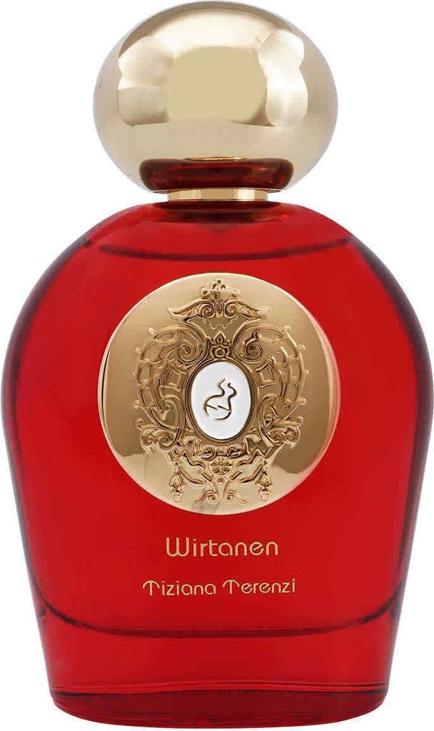 A red glass perfume bottle with a gold cap and a decorative gold emblem on the front.