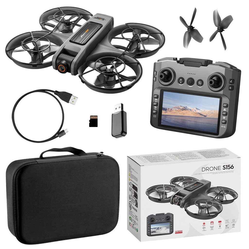 RC-Quadrocopter (Drohne mit 12,5-cm HD-Display-Fernsteuerung, komplett geschütztem Propellerdesign), Dualkamera mit 90° Winkel& 50xZoom 3 Akkus