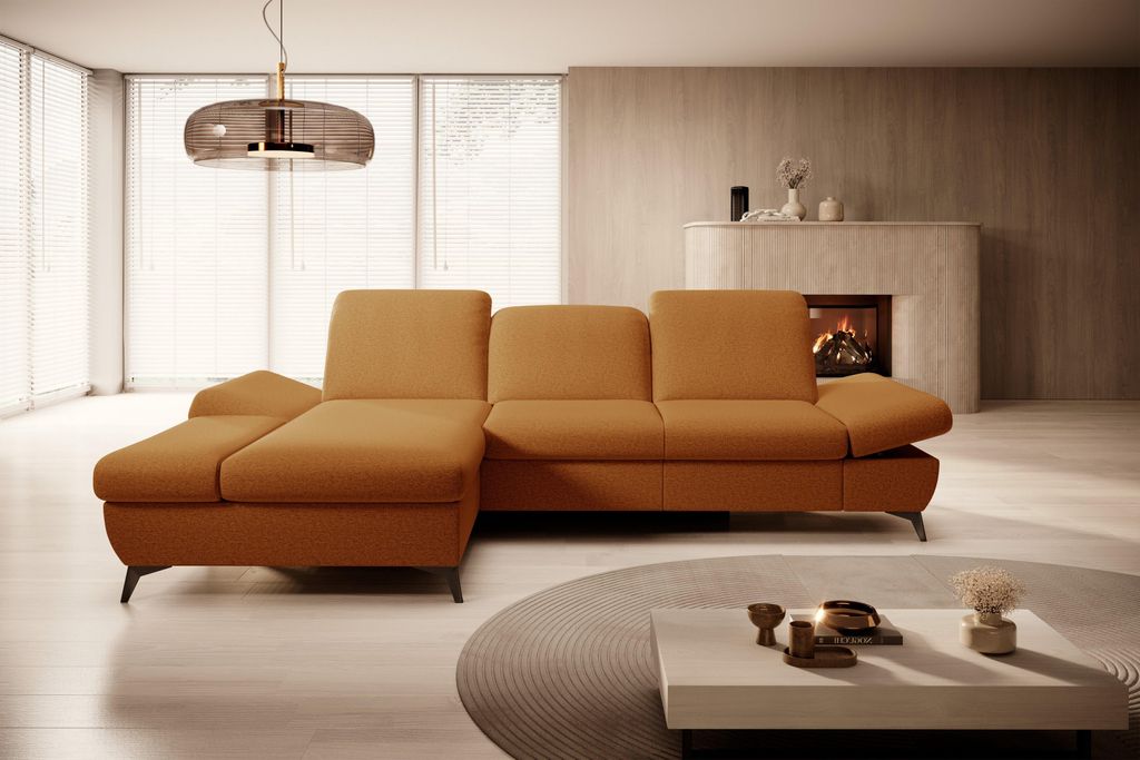 Masseno Ecksofa FELICE L-S mit Schlaffunktion L-Form, Sofa mit Bettkasten, Wohnzimmersofa, Couch, Soffa, Bettsofa, Couchgarnitur- Orange, MATANA 08