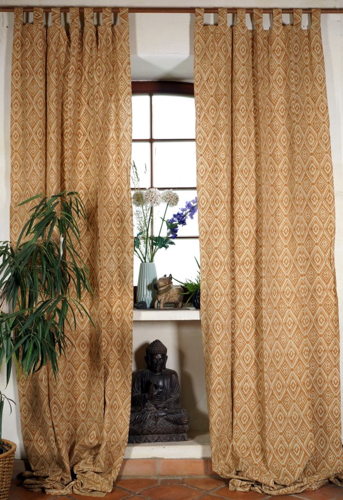 Boho Vorhänge, überlange Gardine (1 Paar ) mit Schlaufen, Handbedruckter Ethno Style Vorhang - Ikat Muster, Creme-weiß, Baumwolle, 250*100*0,2 c...