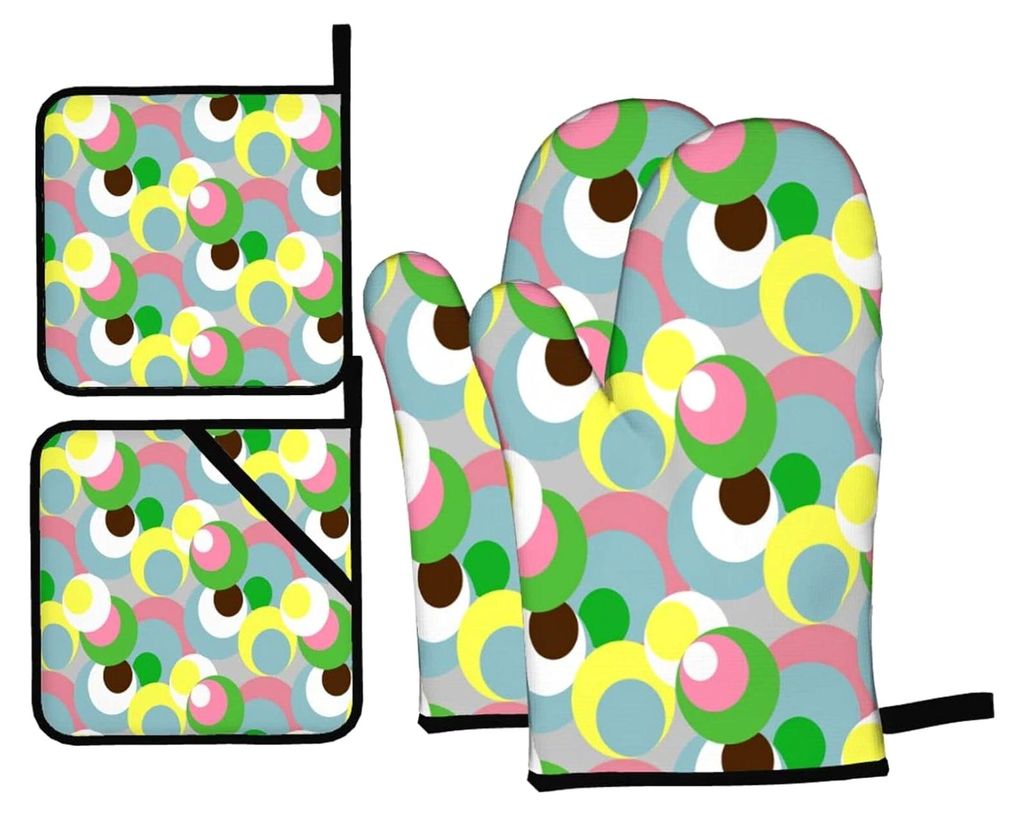 Ofenhandschuhe und Topflappen-Sets mit Kreismuster, 4 Stück, für Backen und Grillen