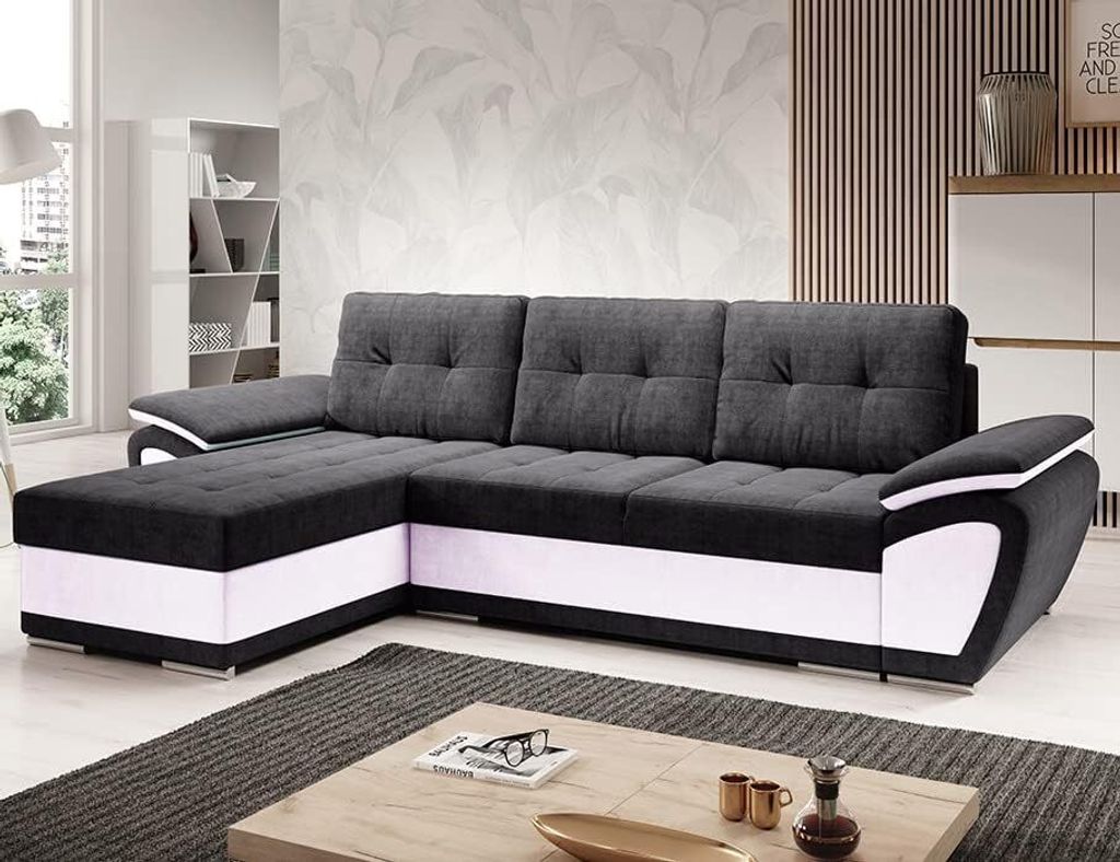 Easy4You ENZO Schwarz/Weiß Ecksofa L-Form Links 268 x 97 x 157 cm mit Schlaffunktion und Stauraum - Schlafsofa mit Bettkasten - Moderne Wohnzimmer...
