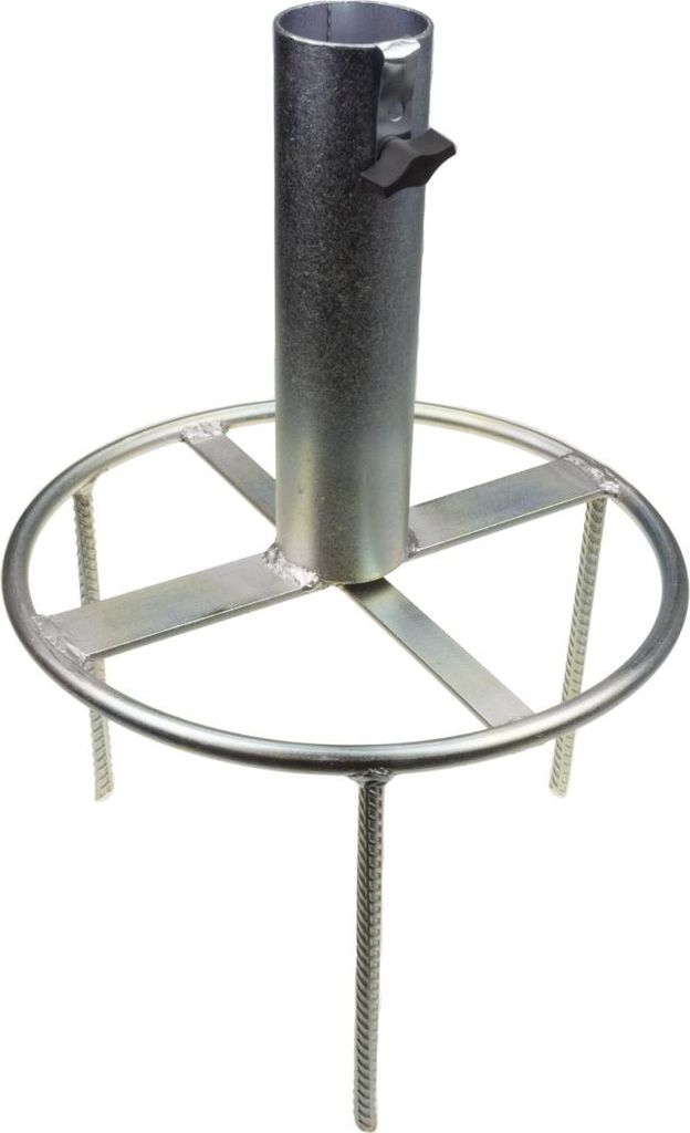 A metal umbrella stand with spikes for inserting into the ground.