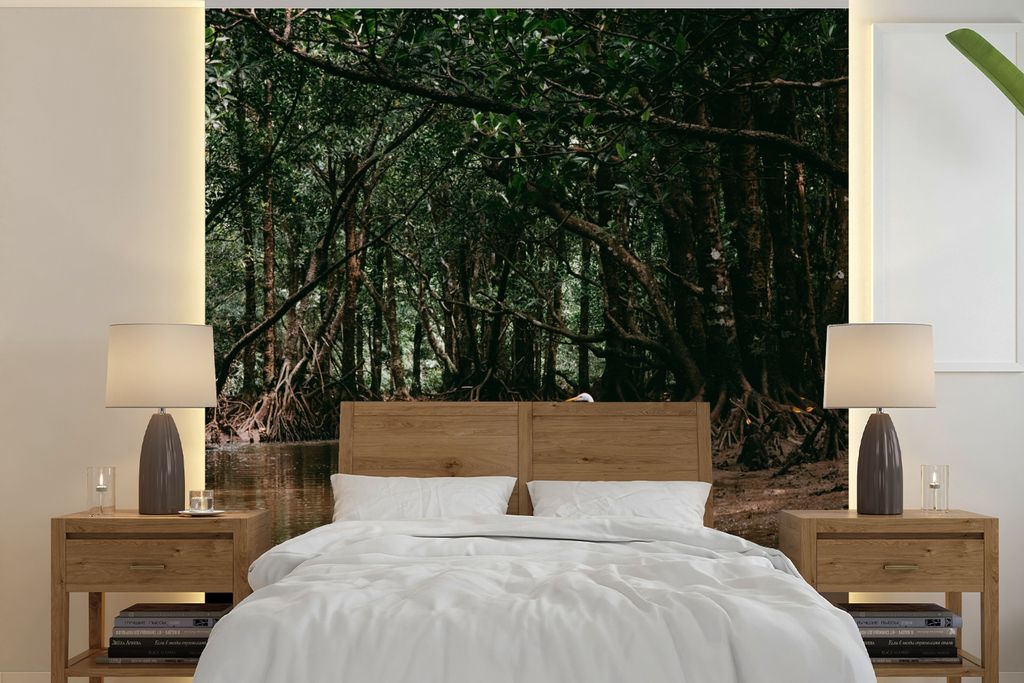 MuchoWow Fototapete für Wohnzimmer oder Schlafzimmer Wandtapete Vinyl Motivtapete Reiher - Wald - See - 240x240 cm - Schlafzimmer-Tapete