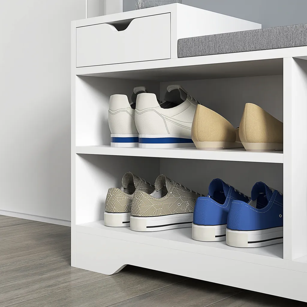 Banc de rangement d'entrée meuble à chaussures blanc avec coussin - 8