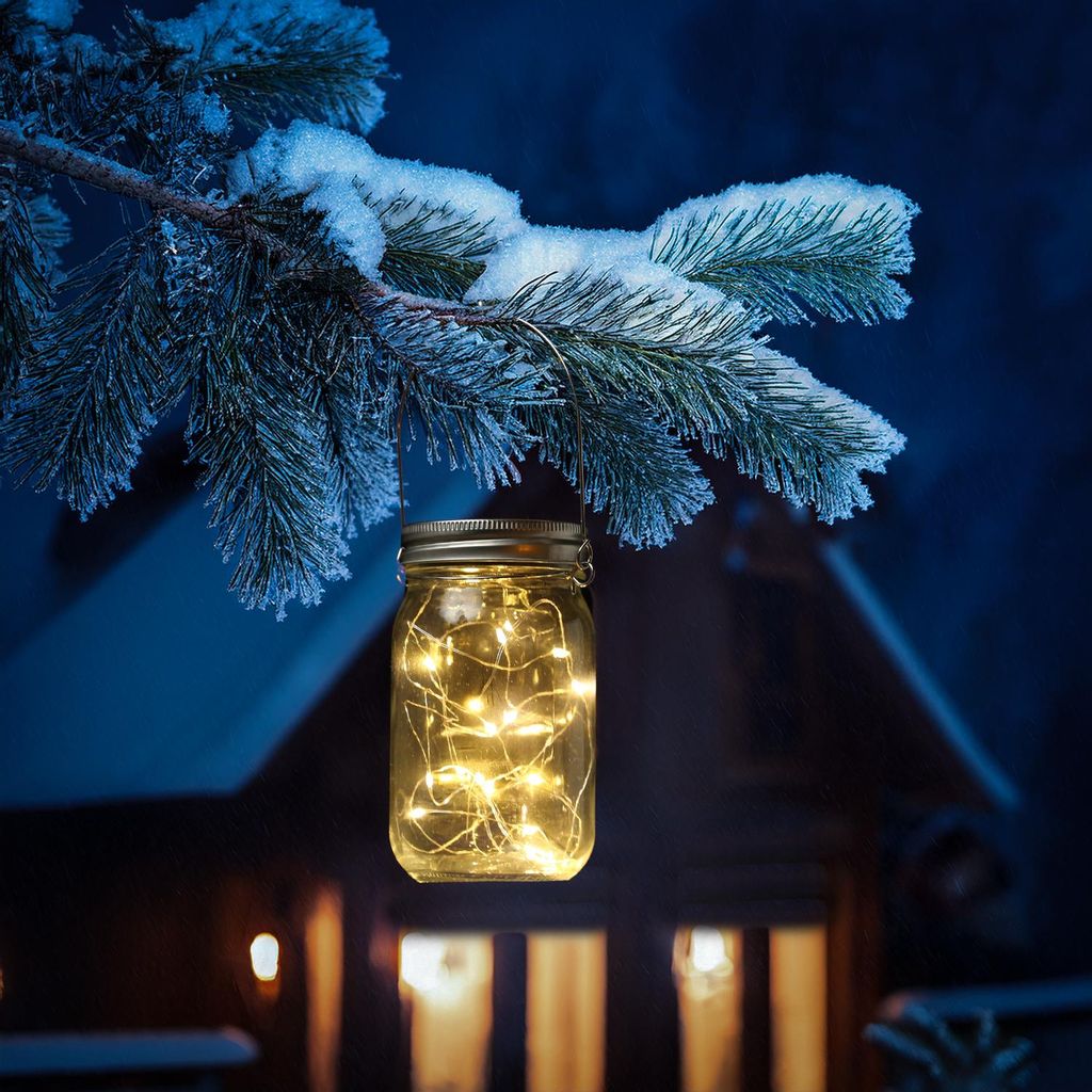 LED Solar Glas - Windlicht mit Drahtlichterkette - Lichtsensor - H: 13cm - transparent