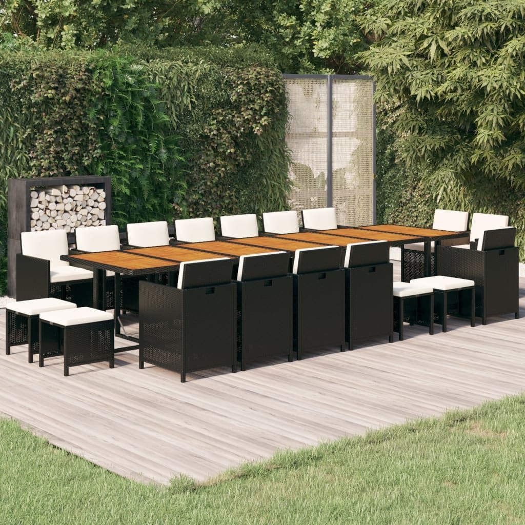 The Living Store 19-tlg. Garten-Essgruppe mit Kissen Schwarz Poly Rattan